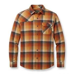 Howler Bros Mens Large Orange Plaid Flannel Shirt Elbow Patch Long Sleeve Button